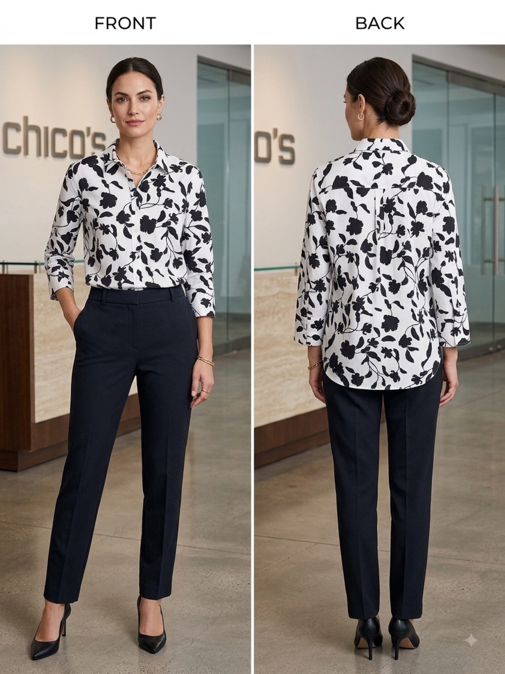 Chico's Career Office Cotton White Blouse with Black Floral Print SZ 2 (12)